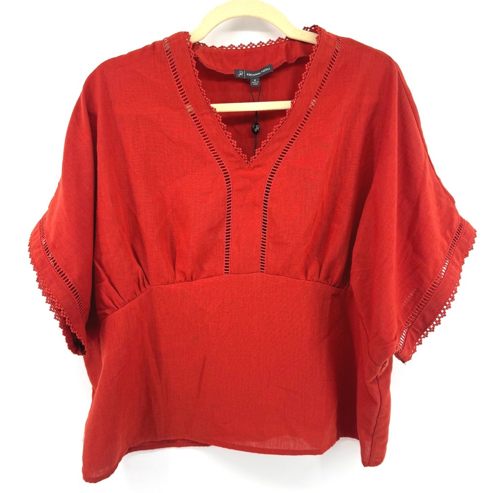 Adrianna Papell Blouse Women M Burnt Orange Boho Crochet Peplum Cottagecore Top